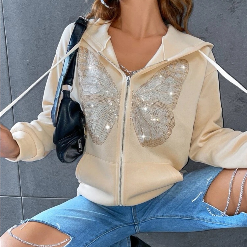 Rhinestone Butterfly Print Zip Up Hoodie